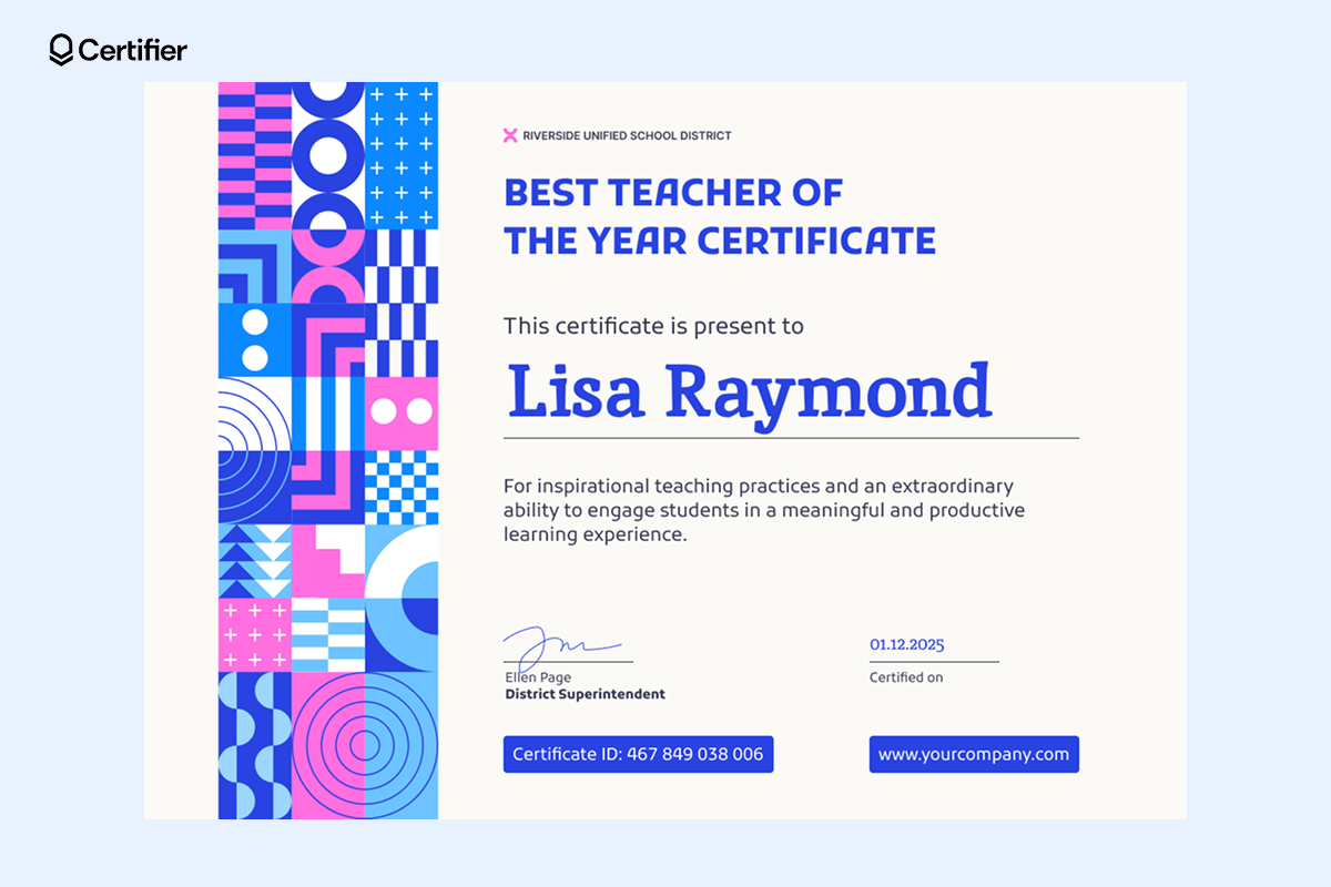 Teacher of the Year award certificate template with a vibrant, colorful geometric pattern on the left, placeholders for recipient’s name, award description, certification date, certificate ID. Teacher of the Year award certificate template with a vibrant, colorful geometric pattern on the left, placeholders for recipient’s name, award description, certification date, certificate ID.