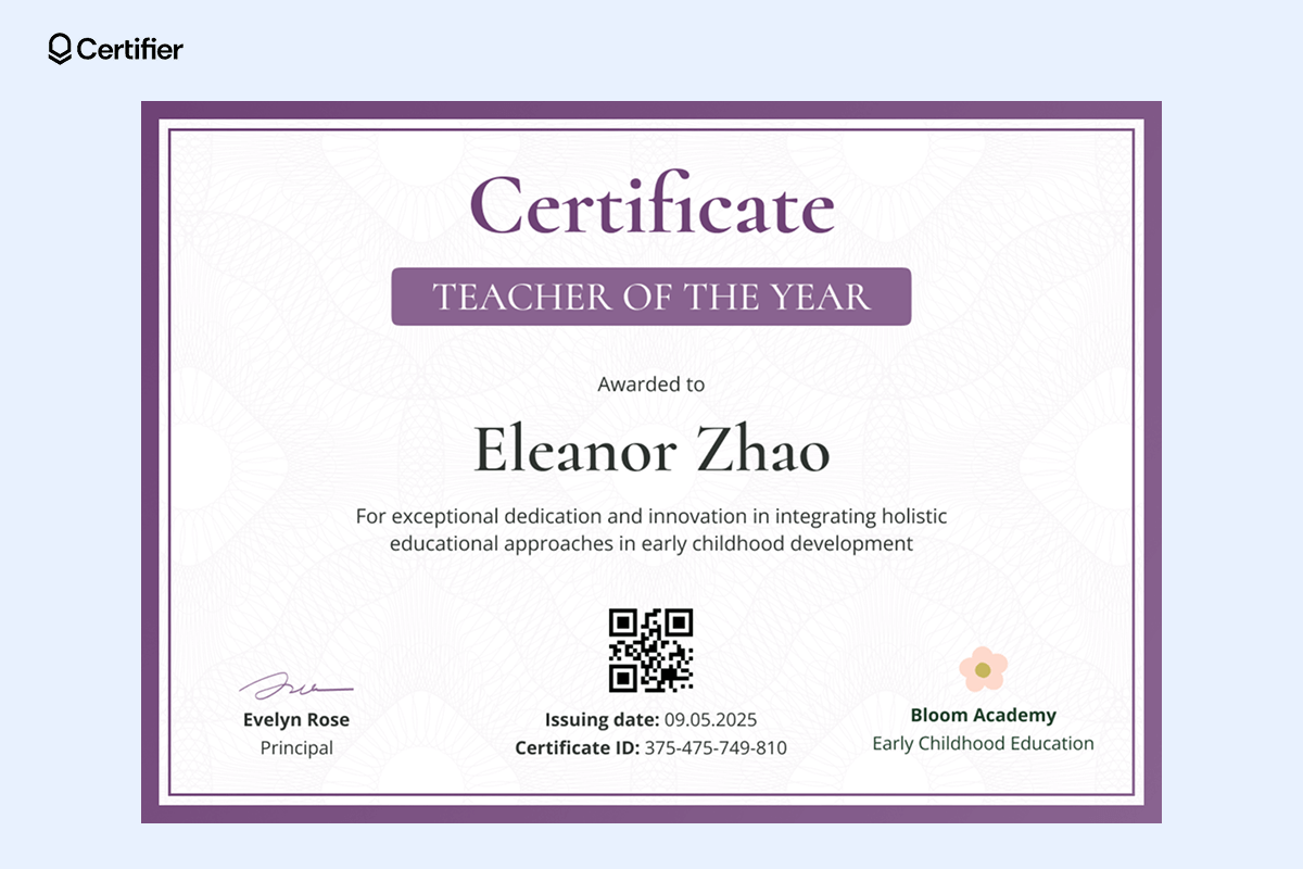 Best Teacher of the Year certificate template featuring a purple border, a bold title banner and editable text for recipient’s name, award description, date, certificate ID and a QR code. Best Teacher of the Year certificate template featuring a purple border, a bold title banner and editable text for recipient’s name, award description, date, certificate ID and a QR code.