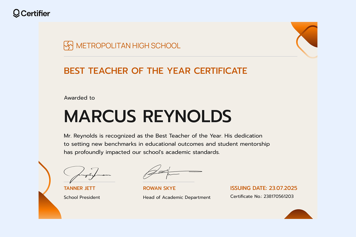 Certificate for Teacher of the Year with an orange and beige color scheme, bold typography, placeholders for recipient’s name, award description, issuing date and certificate number. Certificate for Teacher of the Year with an orange and beige color scheme, bold typography, placeholders for recipient’s name, award description, issuing date and certificate number.