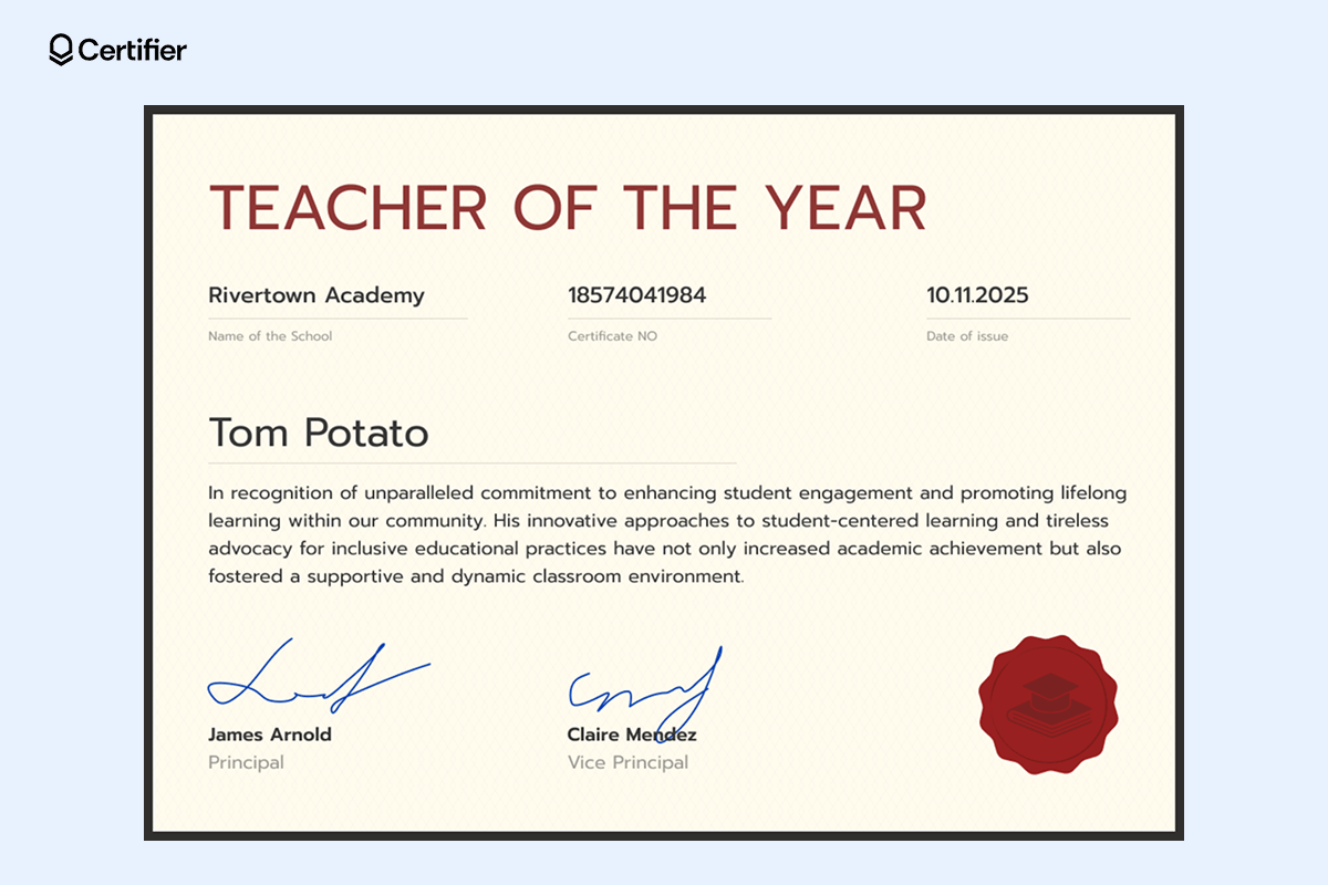 Teacher of the Year certificate template with a soft yellow background and red badge on the right with the editable sections for name of the school, certificate ID and date of issue. Teacher of the Year certificate template with a soft yellow background and red badge on the right with the editable sections for name of the school, certificate ID and date of issue.