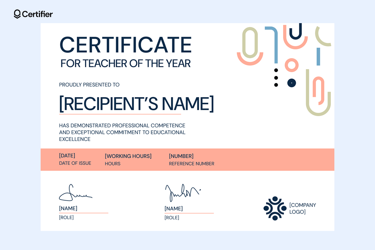 Editable Teacher of the Year certificate with a modern geometric design in pastel colors, placeholders for recipient’s name, date of issue, points earned, working hours and reference number. Editable Teacher of the Year certificate with a modern geometric design in pastel colors, placeholders for recipient’s name, date of issue, points earned, working hours and reference number.