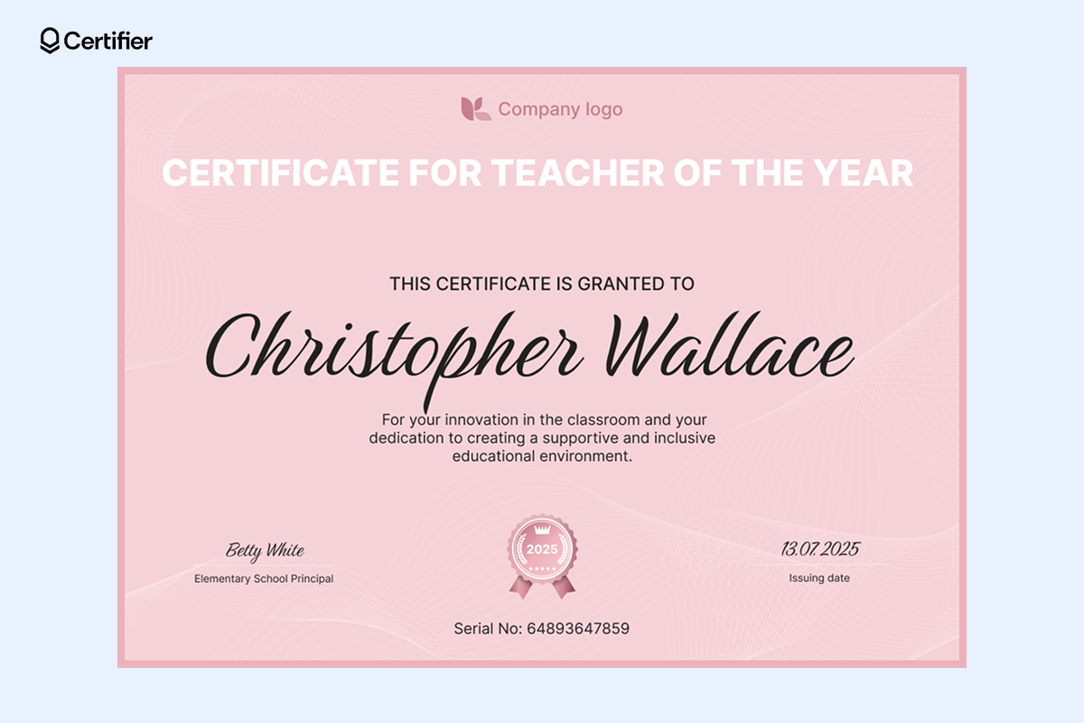 Teacher of the Year certificate template with a soft pink wave-patterned background, pink “2025 Award” badge, and editable sections for recipient’s name, award description and issuing date. Teacher of the Year certificate template with a soft pink wave-patterned background, pink “2025 Award” badge, and editable sections for recipient’s name, award description and issuing date.