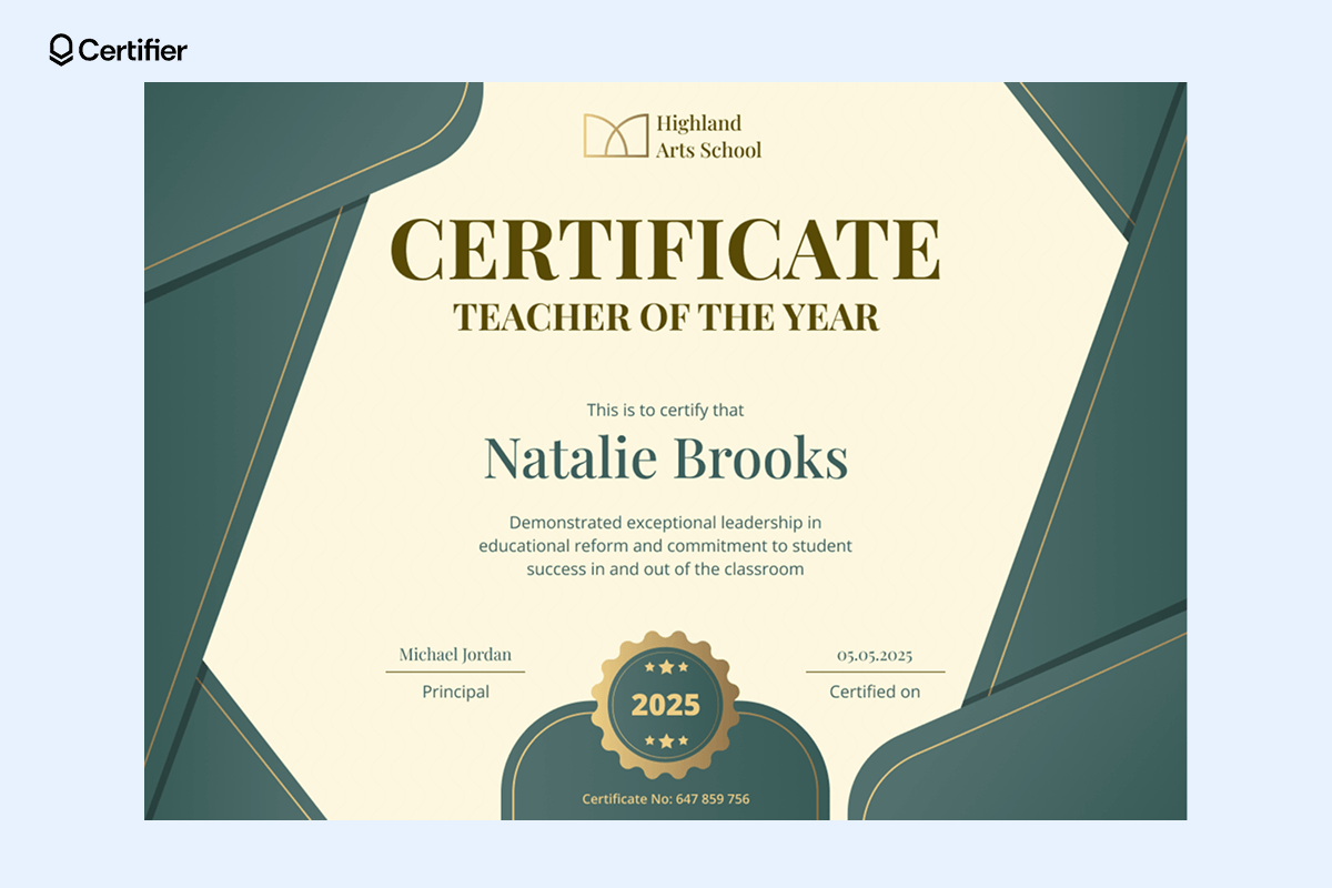 Teacher of the Year certificate free template with a green and gold geometric design, gold “2025” badge, placeholders for recipient’s name, award description and certification date. Teacher of the Year certificate free template with a green and gold geometric design, gold “2025” badge, placeholders for recipient’s name, award description and certification date.