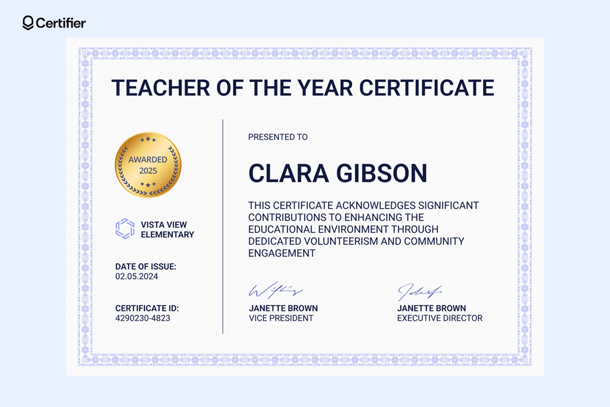 Free Teacher of the Year certificate template with a blue patterned border, gold badge, placeholders for recipient’s name, award description, issuing date, certificate ID and signatures. Free Teacher of the Year certificate template with a blue patterned border, gold badge, placeholders for recipient’s name, award description, issuing date, certificate ID and signatures.