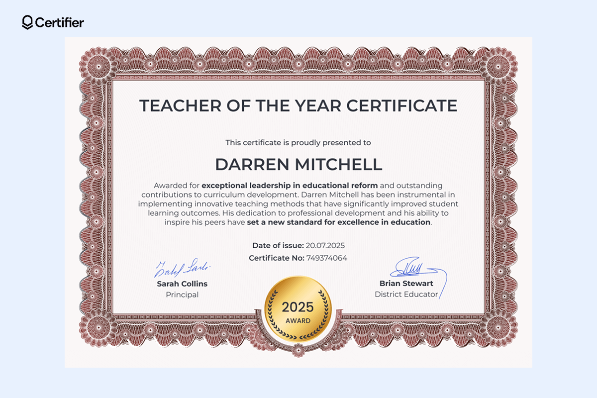 Teacher of the Year certificate template with an ornate maroon border, gold “2025 Award” badge, placeholders for recipient’s name, detailed award description, date of issue and certificate number. Teacher of the Year certificate template with an ornate maroon border, gold “2025 Award” badge, placeholders for recipient’s name, detailed award description, date of issue and certificate number.