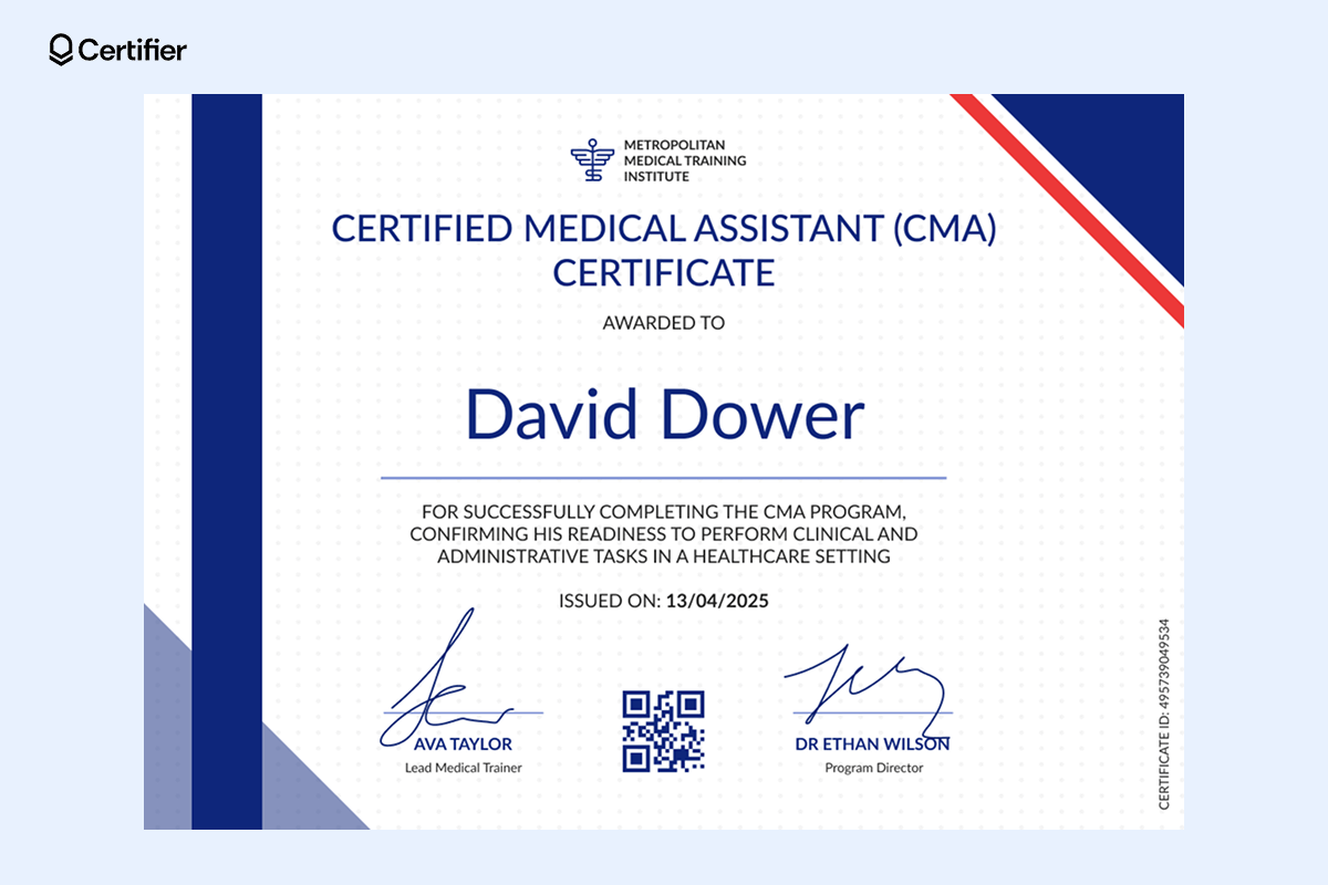 A professional medical assistant certificate template with a blue vertical stripe, red diagonal accent and bold typography, featuring a QR code and signatures for verification. A professional medical assistant certificate template with a blue vertical stripe, red diagonal accent and bold typography, featuring a QR code and signatures for verification.