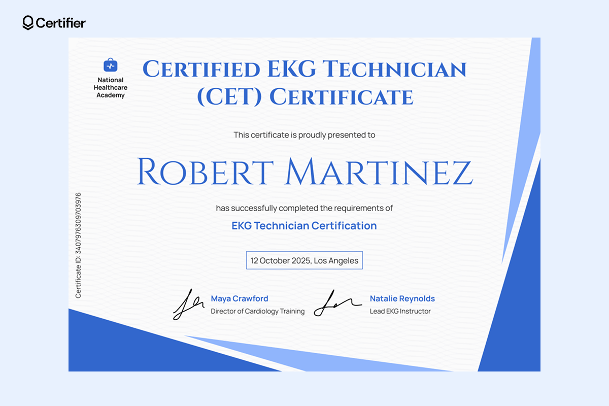 A sleek EKG technician certificate template with a blue wave design, elegant serif font and a clean layout for certification details. A sleek EKG technician certificate template with a blue wave design, elegant serif font and a clean layout for certification details.