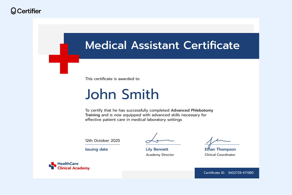 A minimalist medical assistant certificate sample with a red cross, bold blue header and structured layout for phlebotomy training recognition. A minimalist medical assistant certificate sample with a red cross, bold blue header and structured layout for phlebotomy training recognition.