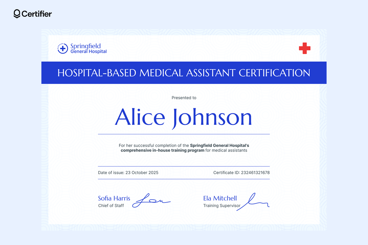A hospital-based medical assistant certificate with a bold blue header, red cross and subtle circular background pattern. A hospital-based medical assistant certificate with a bold blue header, red cross and subtle circular background pattern.