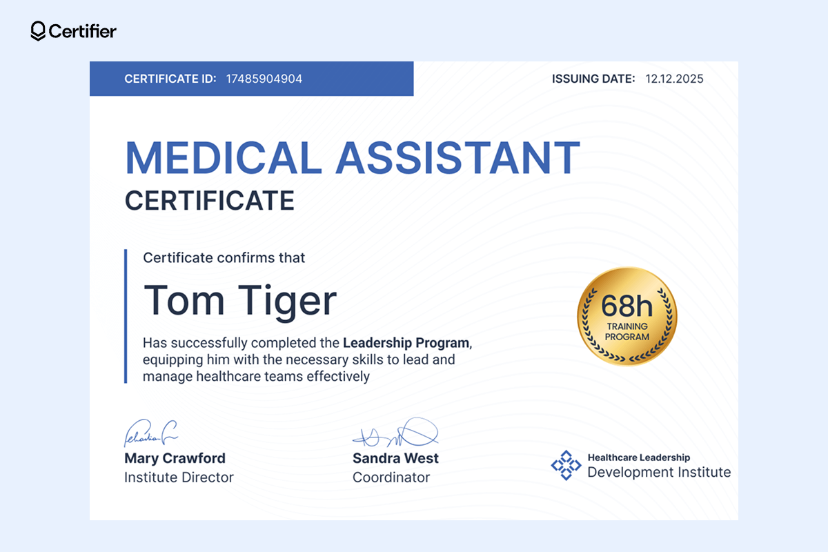 A modern medical assistant certificate template with a blue header bar, gold A modern medical assistant certificate template with a blue header bar, gold