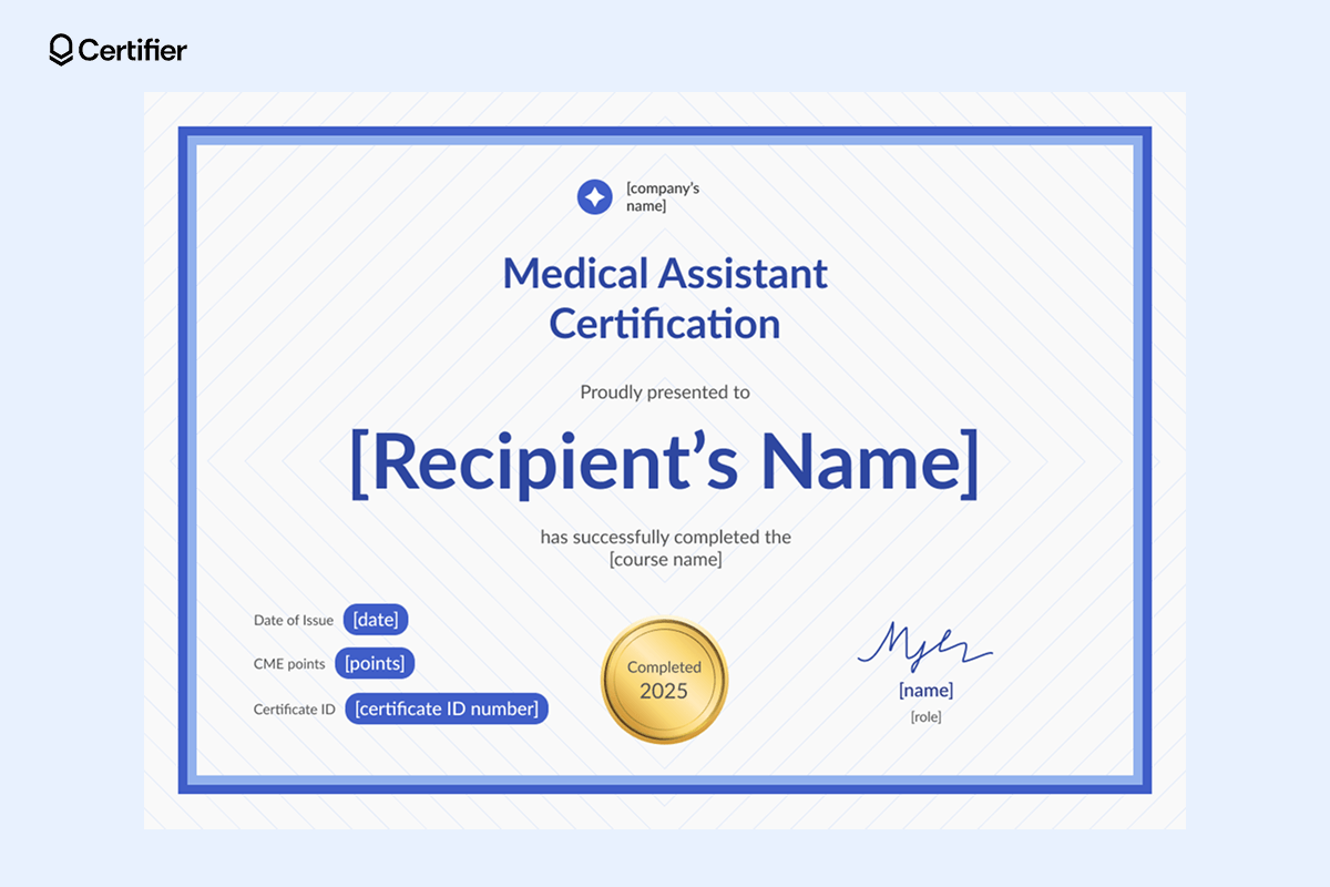 A blank medical assistant certificate with a light blue border, diagonal line pattern and a gold A blank medical assistant certificate with a light blue border, diagonal line pattern and a gold