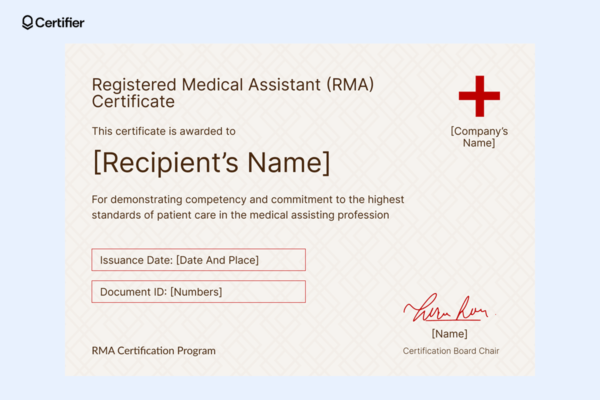 A registered medical assistant certificate template with a geometric beige background, red cross and placeholder fields for easy customization. A registered medical assistant certificate template with a geometric beige background, red cross and placeholder fields for easy customization.