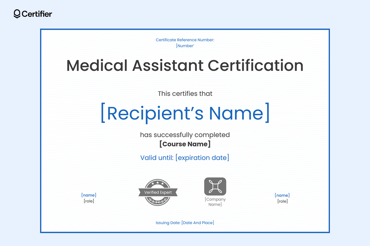 A simple and modern medical assistant certification form with blue borders, icons and a central A simple and modern medical assistant certification form with blue borders, icons and a central