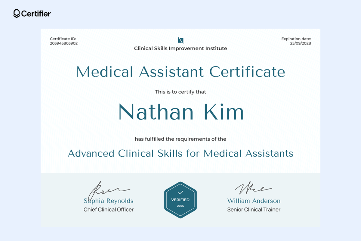 A sophisticated certificate for advanced clinical skills with a beige background, teal text and a verified badge for credibility. A sophisticated certificate for advanced clinical skills with a beige background, teal text and a verified badge for credibility.