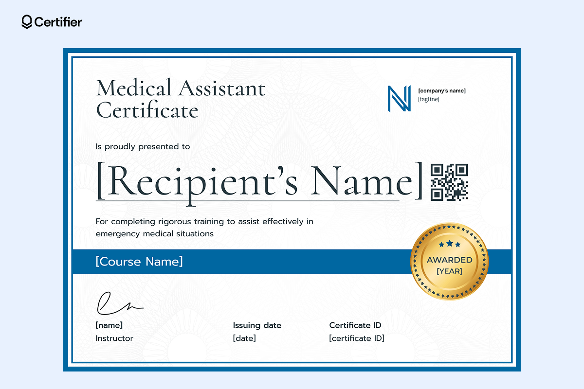 A certified oncology medical assistant certificate with a light blue background adorned with white crosses, featuring elegant script text and a A certified oncology medical assistant certificate with a light blue background adorned with white crosses, featuring elegant script text and a