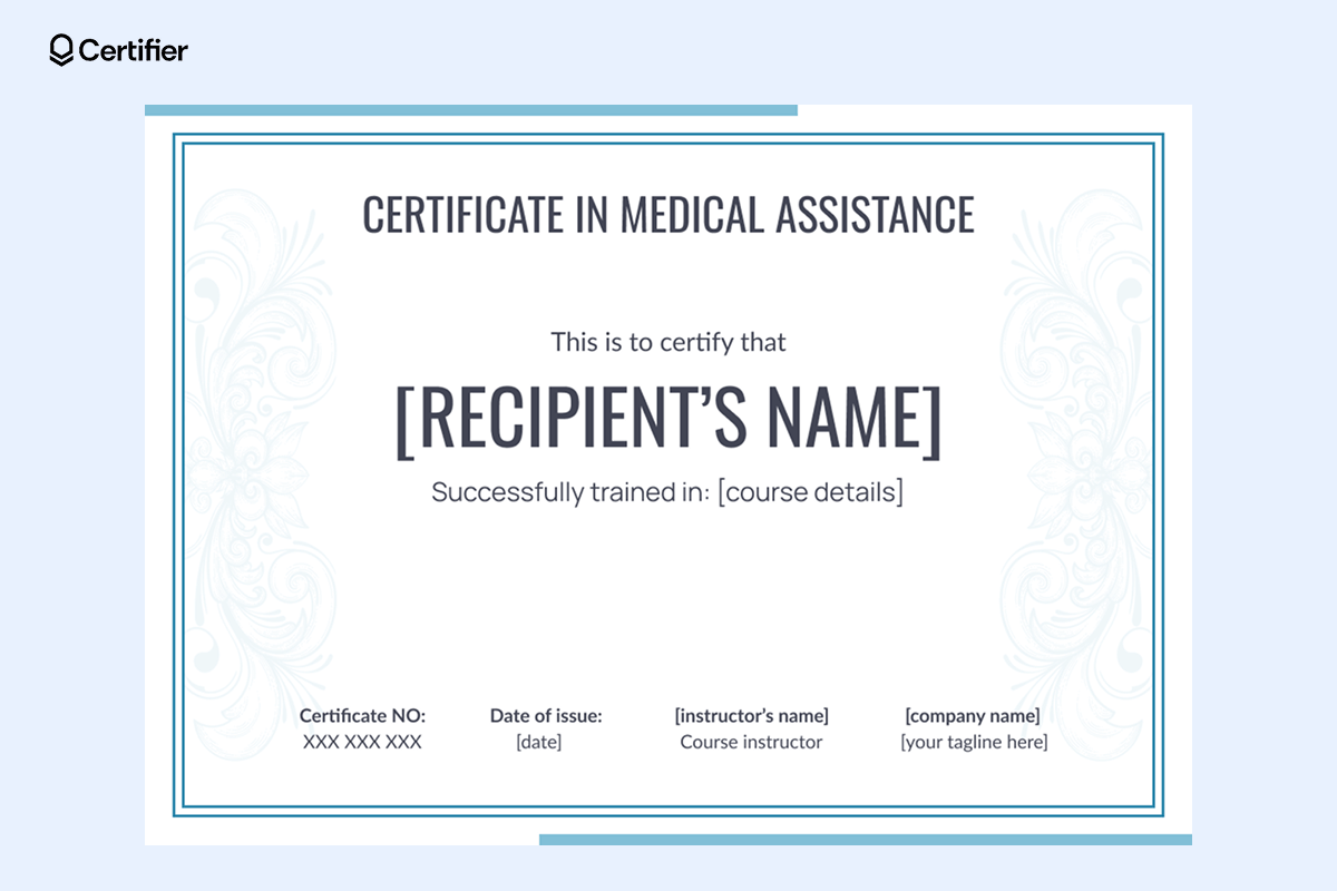 A blank medical assistant certificate template with a geometric blue border, gold A blank medical assistant certificate template with a geometric blue border, gold