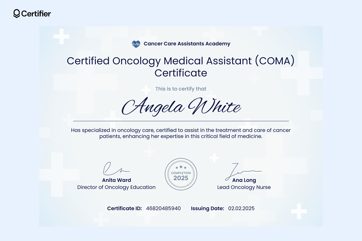 A simple and elegant medical assistant certification template with light blue floral corner patterns, clean text layout and customizable fields for recipient information. A simple and elegant medical assistant certification template with light blue floral corner patterns, clean text layout and customizable fields for recipient information.