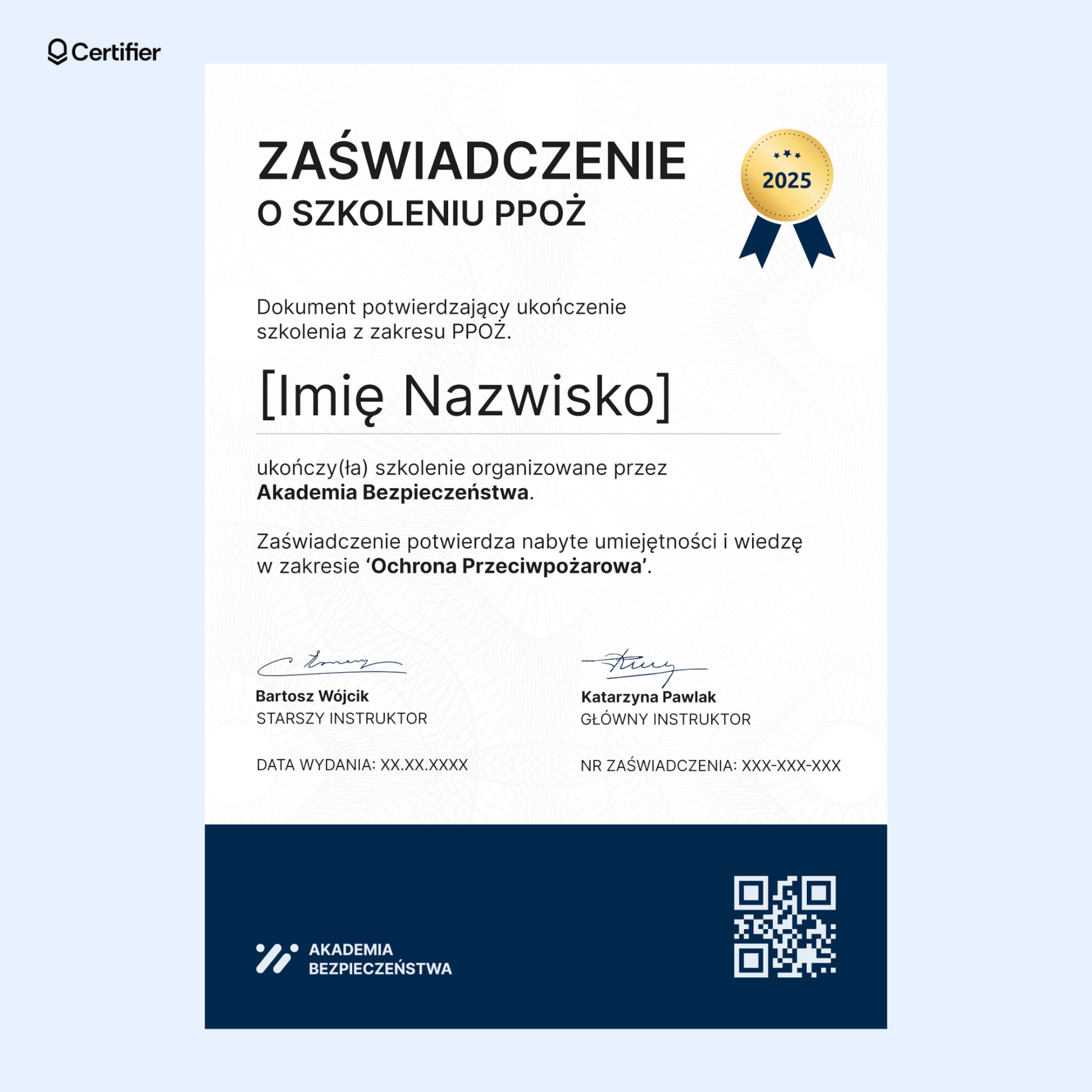 Darmowy wzór, zaświadczenie o szkoleniu ppoż wzór, z dwukolorowym projektem, niebieskim panelem bocznym, wyraźnym tekstem głównym i widoczną sekcją identyfikatora zaświadczenia. Darmowy wzór, zaświadczenie o szkoleniu ppoż wzór, z dwukolorowym projektem, niebieskim panelem bocznym, wyraźnym tekstem głównym i widoczną sekcją identyfikatora zaświadczenia.