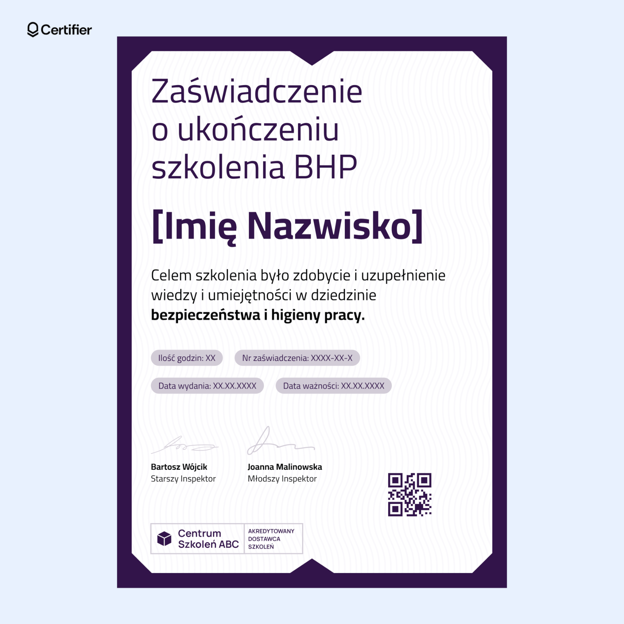 Stylowe zaświadczenie o ukończeniu szkolenia wzór doc o szkoleniu BHP z głębokimi fioletowymi akcentami, kanciastymi wzorami ramki i przejrzystym układem dla kluczowych informacji. Stylowe zaświadczenie o ukończeniu szkolenia wzór doc o szkoleniu BHP z głębokimi fioletowymi akcentami, kanciastymi wzorami ramki i przejrzystym układem dla kluczowych informacji.