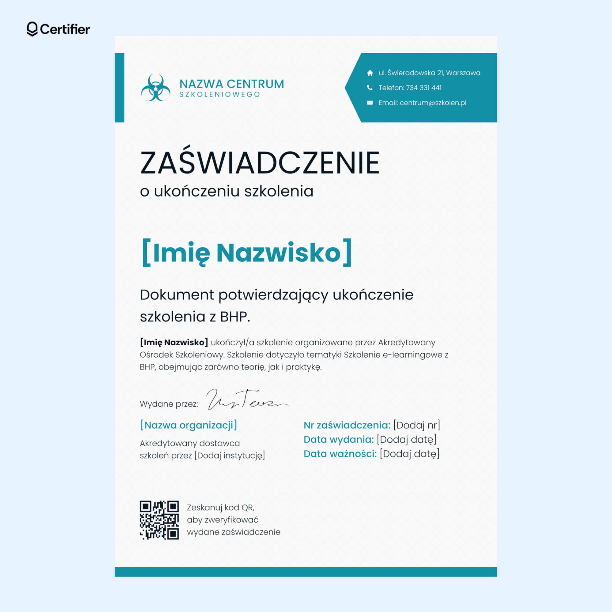 Przykładowe zaświadczenie o szkoleniu wzór BHP z niebieskimi akcentami, miejscem na QR kod i dużym, wyraźnym tytułem. Przykładowe zaświadczenie o szkoleniu wzór BHP z niebieskimi akcentami, miejscem na QR kod i dużym, wyraźnym tytułem.