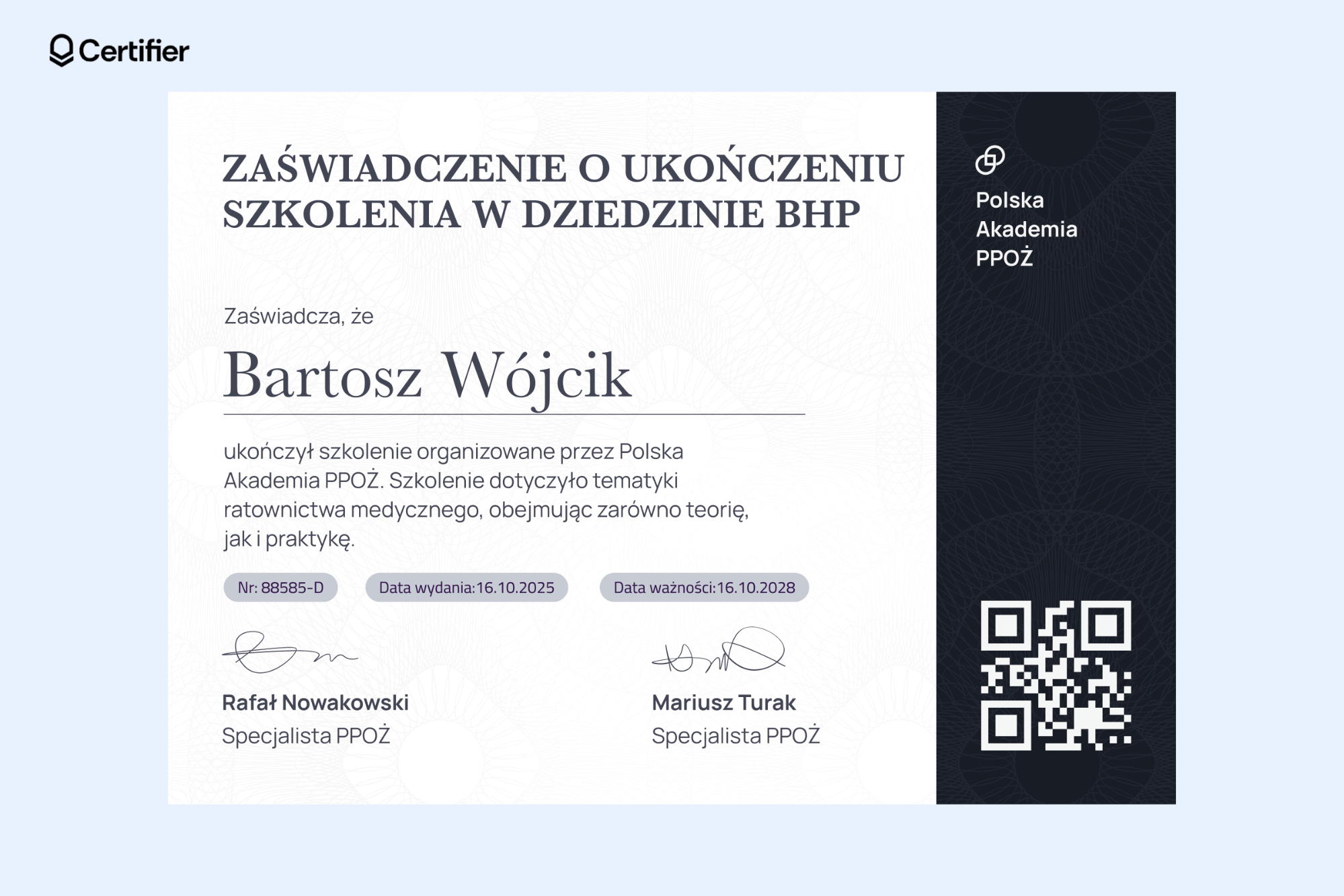 Standardowy wzór zaświadczenia o szkoleniu BHP w dziedzinie ratownictwa medycznego z ciemnym panelem bocznym, motywem przemysłowym, tłem z znakiem wodnym i kodem QR do weryfikacji. Standardowy wzór zaświadczenia o szkoleniu BHP w dziedzinie ratownictwa medycznego z ciemnym panelem bocznym, motywem przemysłowym, tłem z znakiem wodnym i kodem QR do weryfikacji.