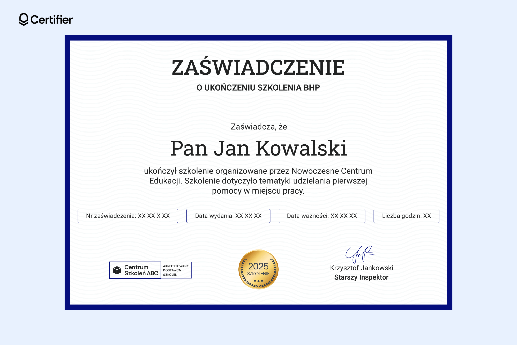 Dopracowane zaświadczenie o ukończeniu szkolenia wzór doc z cienką niebieską ramką, prostym falistym tłem i miejscem na podpis dyrektora programu. Dopracowane zaświadczenie o ukończeniu szkolenia wzór doc z cienką niebieską ramką, prostym falistym tłem i miejscem na podpis dyrektora programu.
