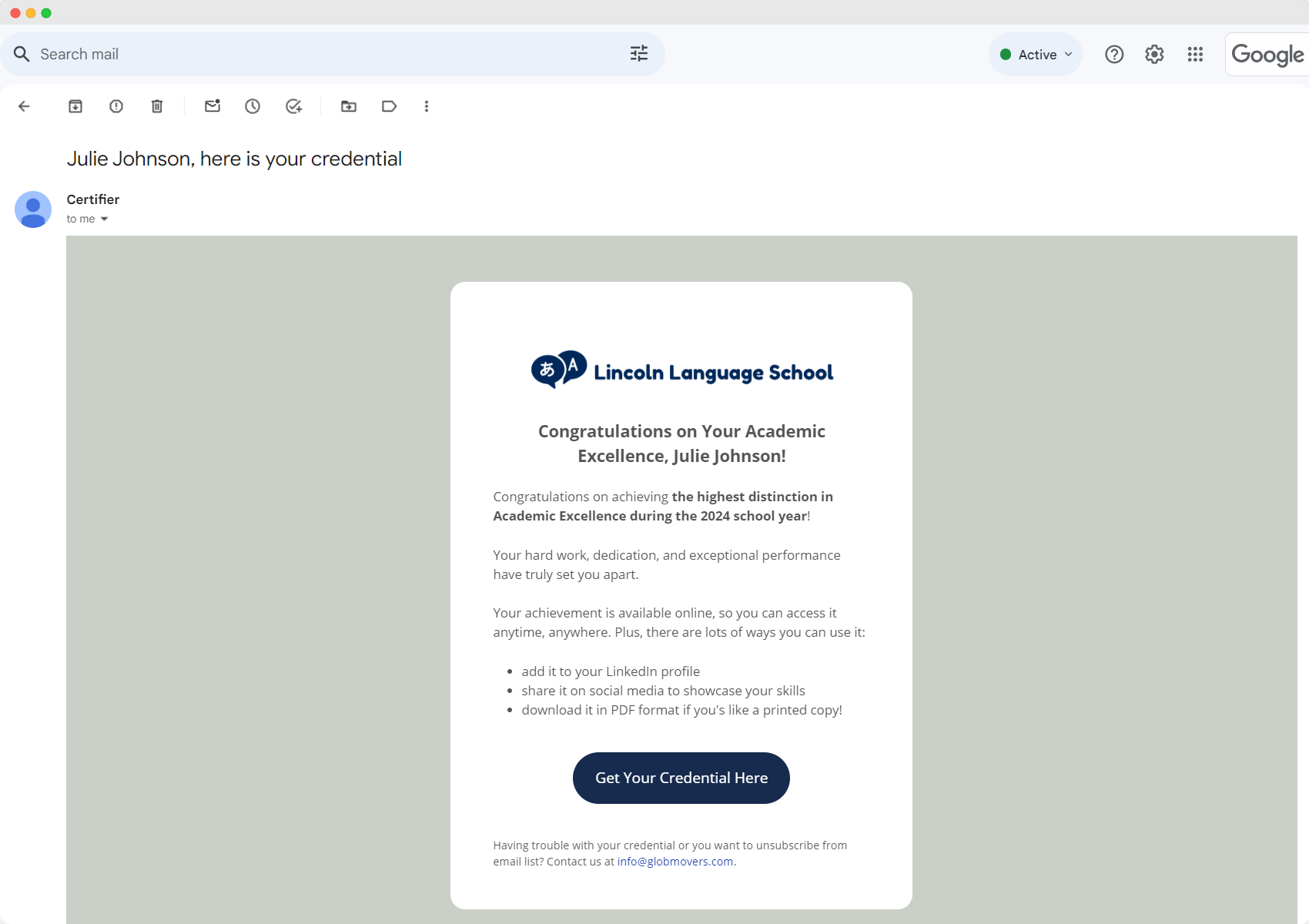 A digital wallet showing a custom certificate. A digital wallet showing a custom certificate.