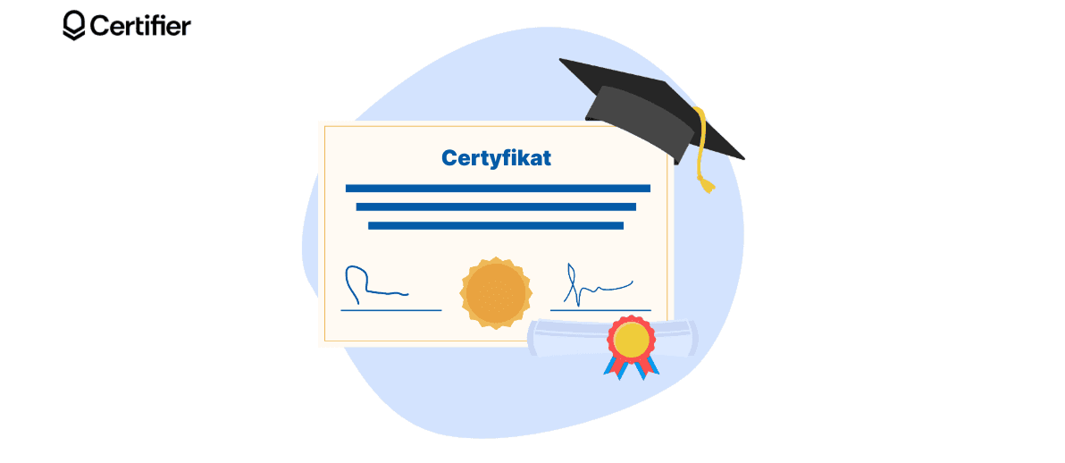 Certyfikat z Certifier na niebieskim tle, jako grafika do przewodnika - jak prowadzić szkolenia. Certyfikat z Certifier na niebieskim tle, jako grafika do przewodnika - jak prowadzić szkolenia.