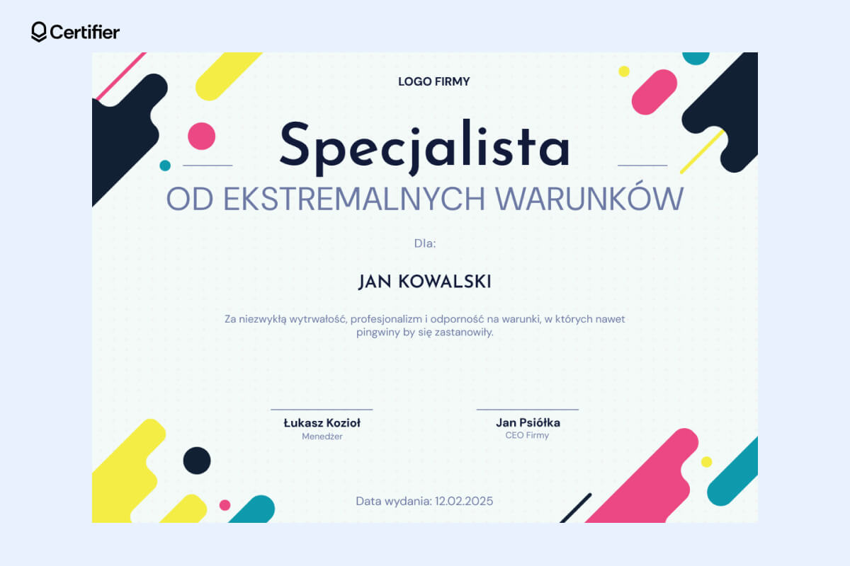 Śmieszne dyplomy do wydrukowania, praca śmieszne teksty, przykład nagrody dla specjalisty od ekstremalnych warunków wydanej w zamian za wytrwałość w stresujących sytuacjach; dyplom ma miejsce na imię i nazwisko, podpisy, a także opis nagrody. Śmieszne dyplomy do wydrukowania, praca śmieszne teksty, przykład nagrody dla specjalisty od ekstremalnych warunków wydanej w zamian za wytrwałość w stresujących sytuacjach; dyplom ma miejsce na imię i nazwisko, podpisy, a także opis nagrody.