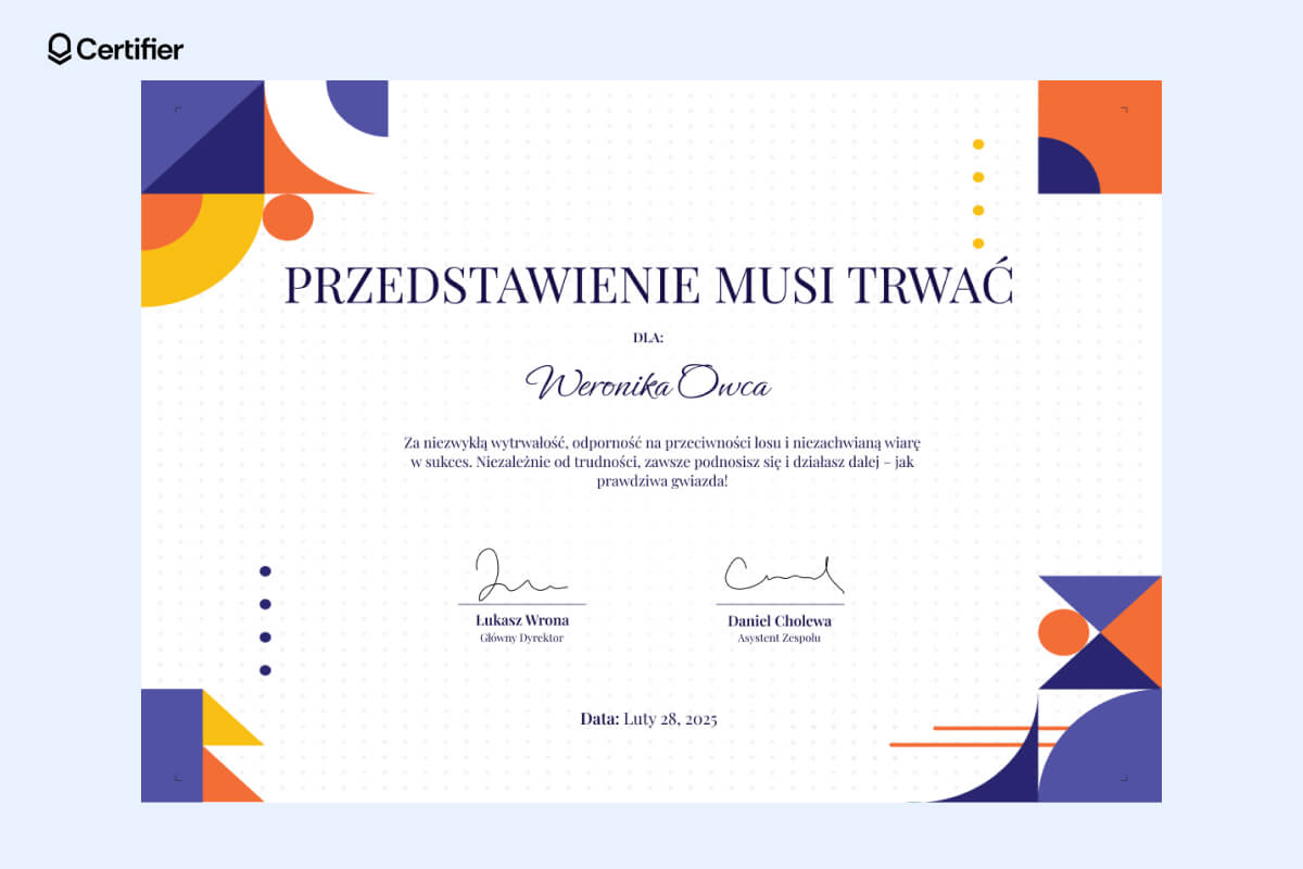Praca śmieszne teksty, dyplom dla pracownika śmieszny, który ma elegancki, nowoczesny design w kolorach granatu, pomarańczu i żółci z geometrycznymi elementami. Praca śmieszne teksty, dyplom dla pracownika śmieszny, który ma elegancki, nowoczesny design w kolorach granatu, pomarańczu i żółci z geometrycznymi elementami.