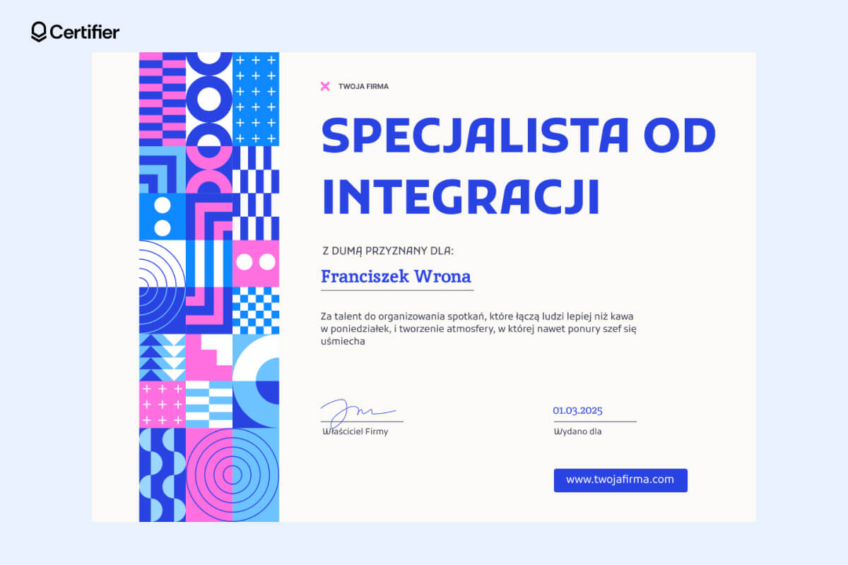 Śmieszne dyplomy do wydrukowania, przykład nagrody dla specjalisty od integracji z geometrycznym, niebiesko-różowym wzorem po lewej stronie. Śmieszne dyplomy do wydrukowania, przykład nagrody dla specjalisty od integracji z geometrycznym, niebiesko-różowym wzorem po lewej stronie.