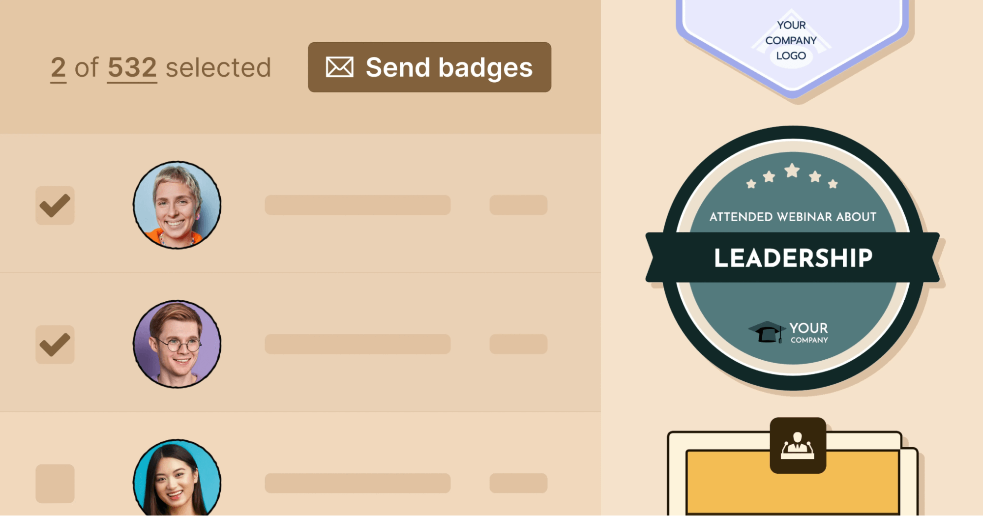 A user selects recipients to send a virtual badge for attending a leadership webinar, demonstrating the benefits of virtual badges in professional recognition. A user selects recipients to send a virtual badge for attending a leadership webinar, demonstrating the benefits of virtual badges in professional recognition.