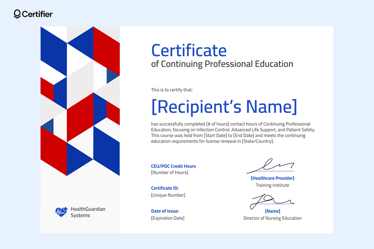 A modern free printable nursing certificate template with a red, blue and white geometric design that includes CEU credit hours, training institute details and certification ID A modern free printable nursing certificate template with a red, blue and white geometric design that includes CEU credit hours, training institute details and certification ID