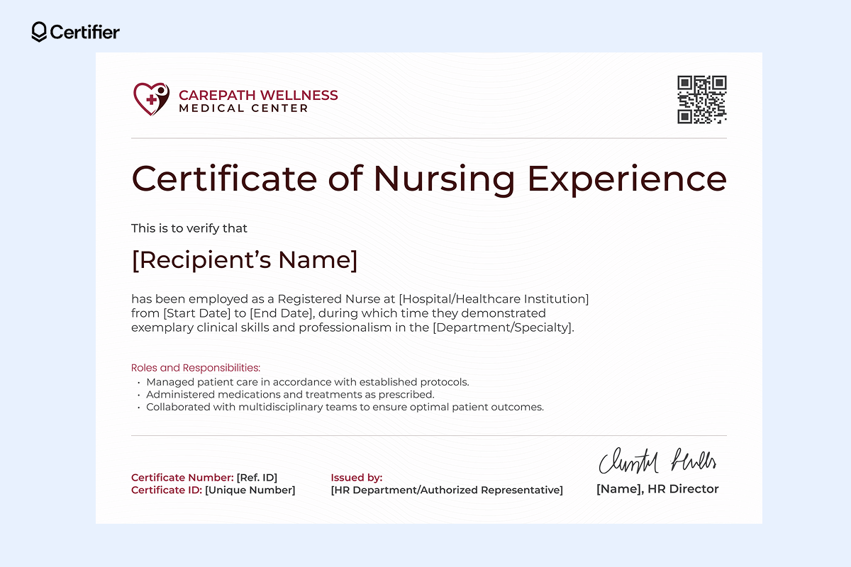 A clean, neutral-toned nursing experience certificate format PDF with structured sections for employment details, roles and responsibilities A clean, neutral-toned nursing experience certificate format PDF with structured sections for employment details, roles and responsibilities