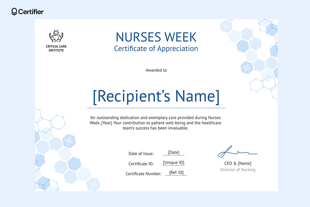 A blue and white nurses week certificate template with a hexagonal medical theme, designed to recognize nurses for their dedication and service A blue and white nurses week certificate template with a hexagonal medical theme, designed to recognize nurses for their dedication and service