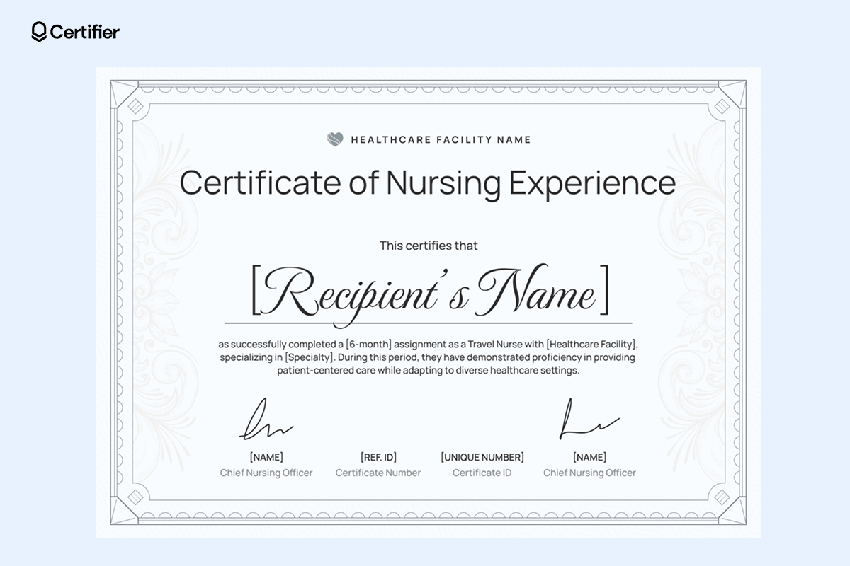 A grayscale nurse experience certificate template with intricate floral designs, confirming a travel nurse’s completion of a six-month assignment in a specialized healthcare setting A grayscale nurse experience certificate template with intricate floral designs, confirming a travel nurse’s completion of a six-month assignment in a specialized healthcare setting