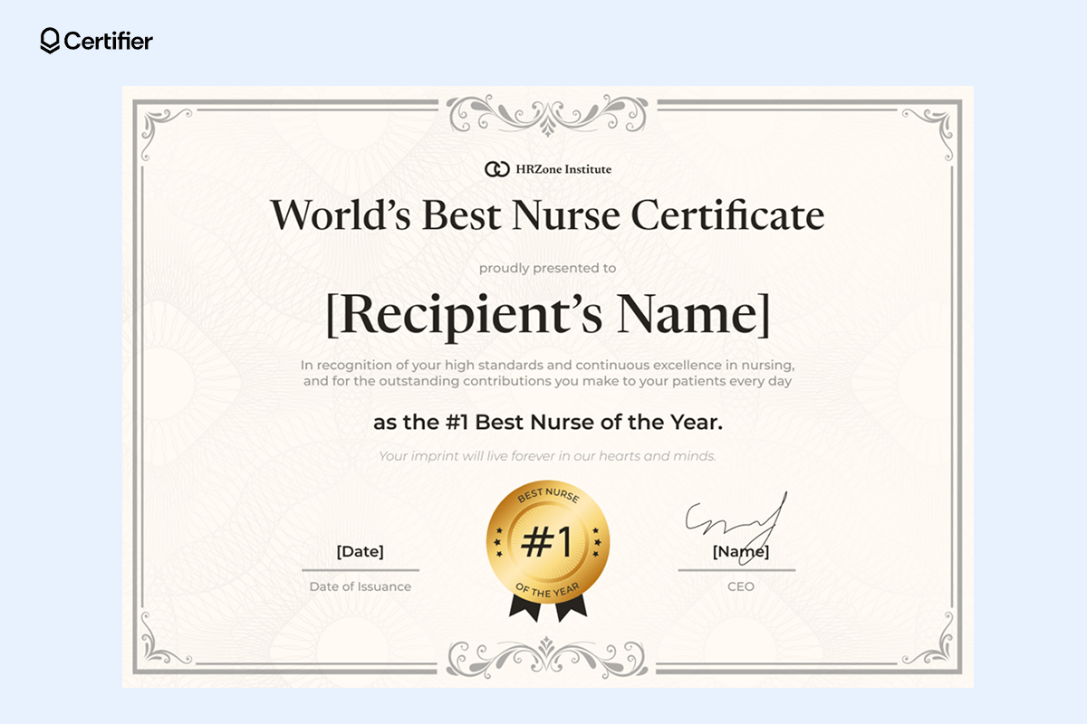 A refined best nurse certificate template with a light beige background, subtle decorative borders, and a gold medallion reading A refined best nurse certificate template with a light beige background, subtle decorative borders, and a gold medallion reading