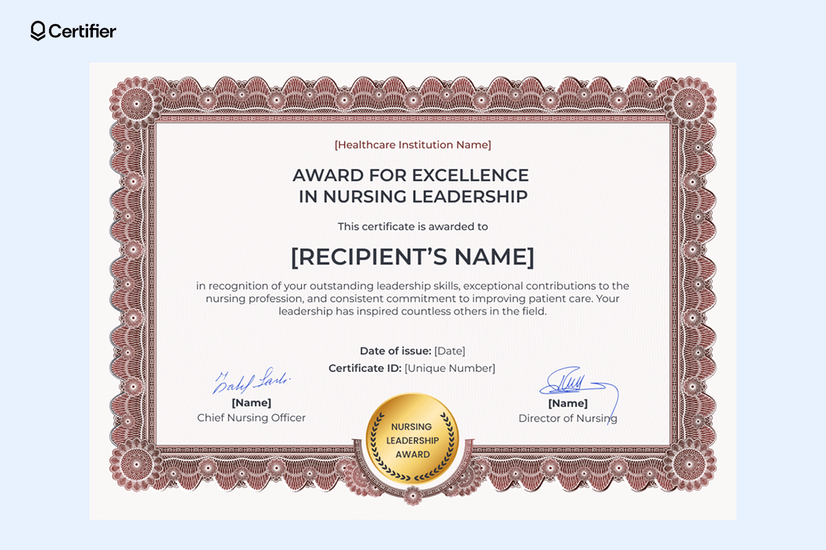 A formal nursing award certificate template with an intricate brown decorative border and a gold “Nursing Leadership Award” seal, recognizing exceptional contributions to nursing leadership A formal nursing award certificate template with an intricate brown decorative border and a gold “Nursing Leadership Award” seal, recognizing exceptional contributions to nursing leadership
