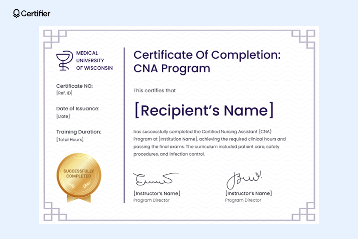 A professional printable CNA certificate with a modern purple-accented design, featuring a gold “Successfully Completed” seal and space for institution and instructor signatures A professional printable CNA certificate with a modern purple-accented design, featuring a gold “Successfully Completed” seal and space for institution and instructor signatures