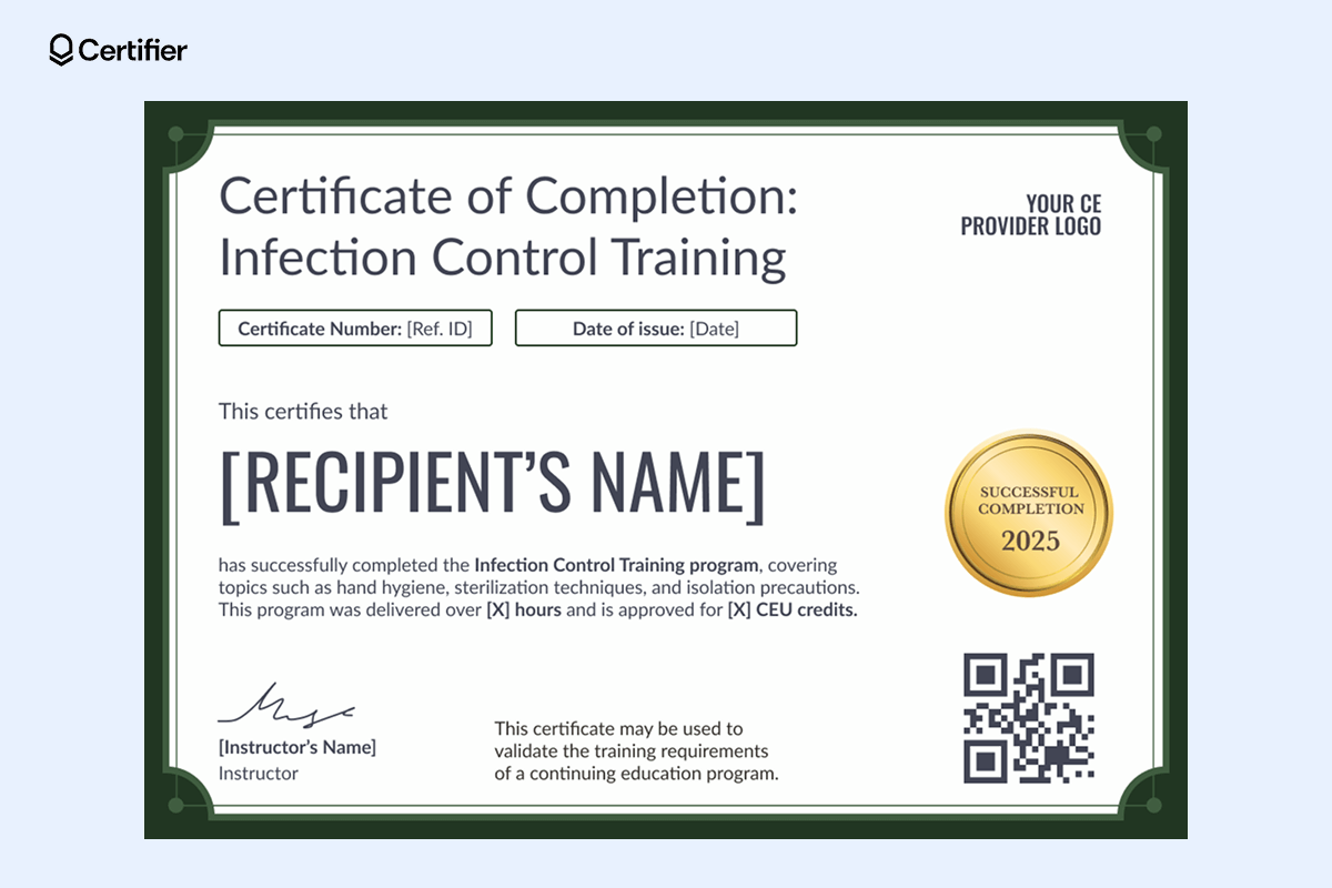 A green-bordered nursing certificate sample with a gold “Successful Completion” emblem, structured certificate number, issue date and details of infection control training A green-bordered nursing certificate sample with a gold “Successful Completion” emblem, structured certificate number, issue date and details of infection control training