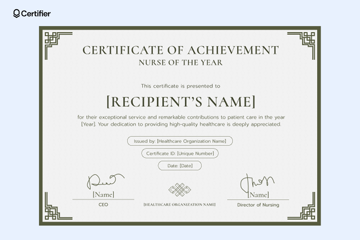 A minimalistic best nurse certificate template with geometric green accents, honoring a nurse for exceptional service and contributions in patient care. Includes sections for issuer, ID and date A minimalistic best nurse certificate template with geometric green accents, honoring a nurse for exceptional service and contributions in patient care. Includes sections for issuer, ID and date