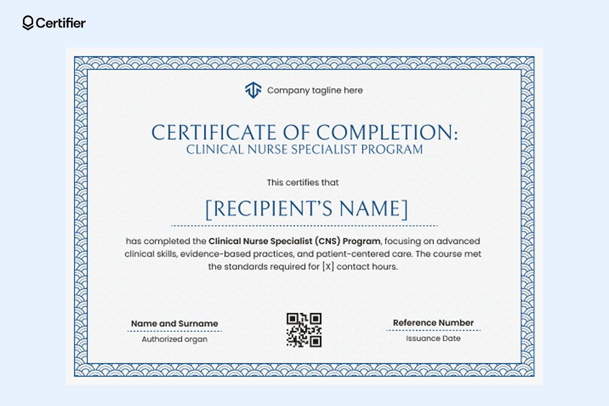 A structured school of nursing certificate sample with a blue wave-patterned border, issued for completing a Clinical Nurse Specialist program A structured school of nursing certificate sample with a blue wave-patterned border, issued for completing a Clinical Nurse Specialist program