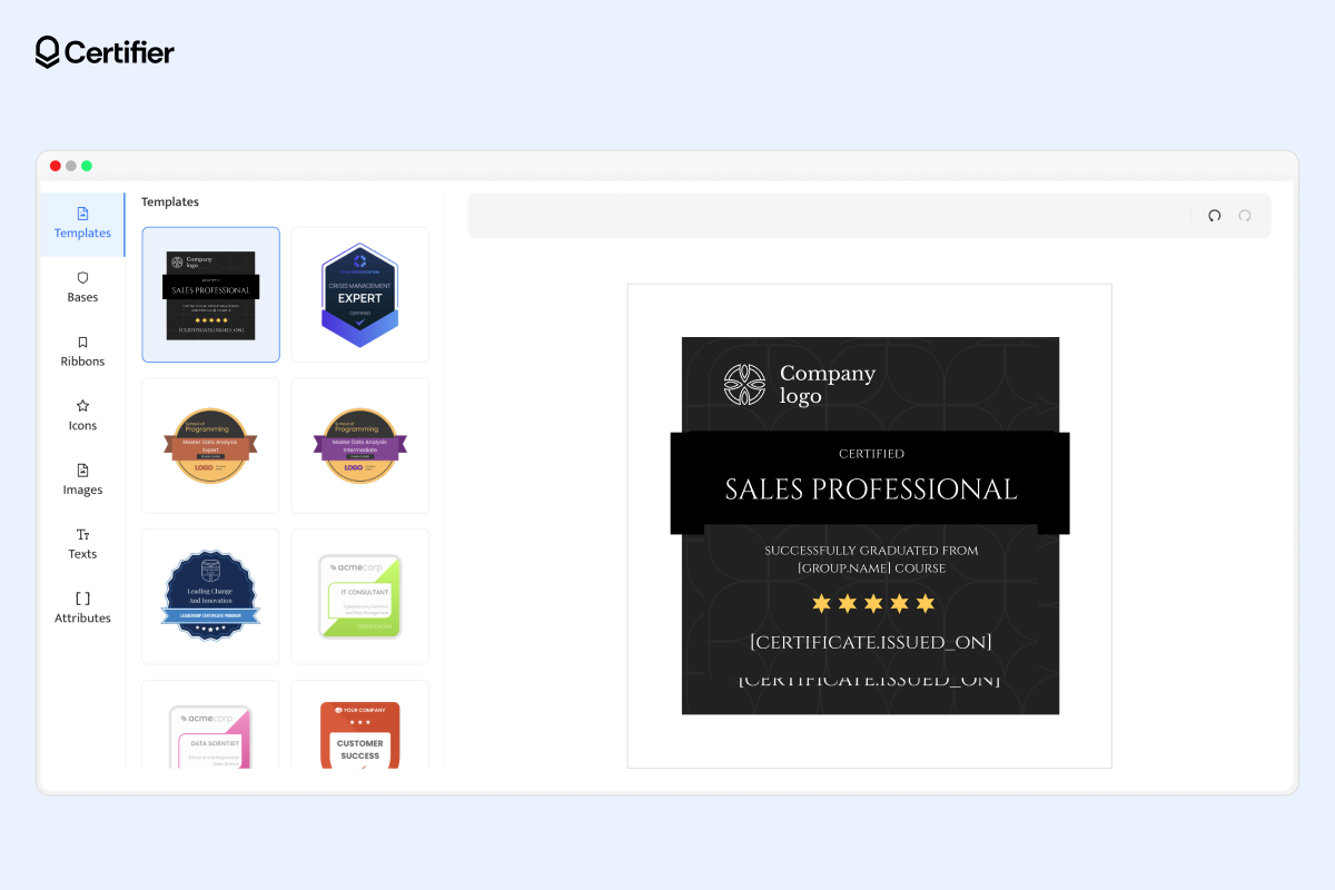 A screenshot of a digital badge for recognition of skills and achievements template in the Certifier badge editor A screenshot of a digital badge for recognition of skills and achievements template in the Certifier badge editor
