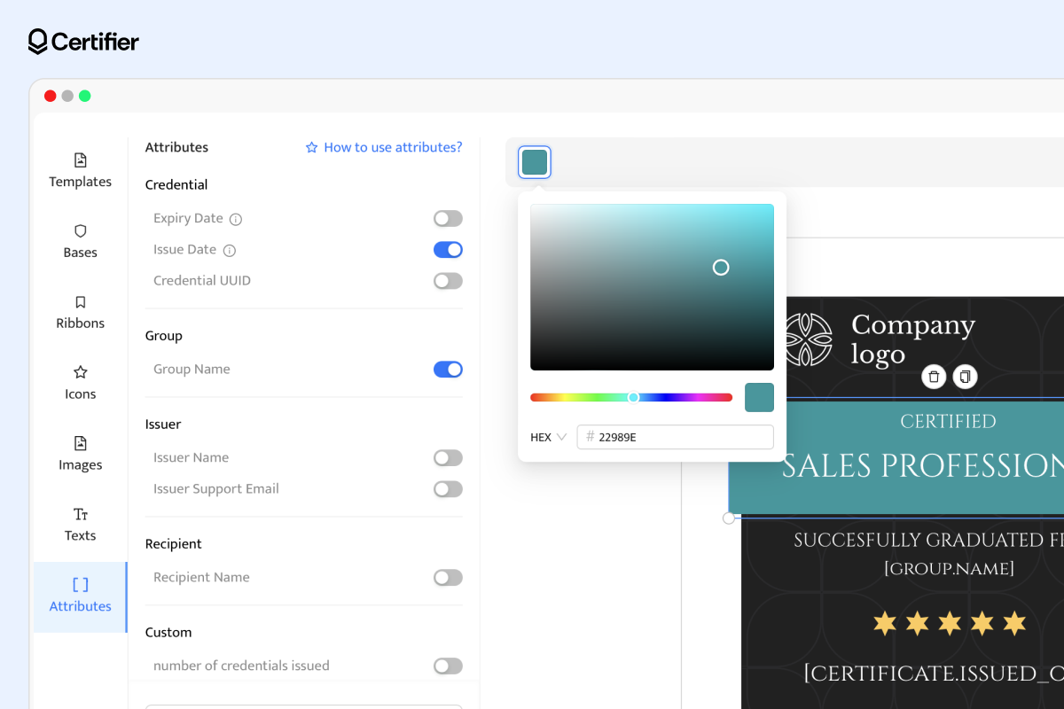 Customization of a digital badge for recognition of skills and achievements in the Certifier drag-and-drop badge editor Customization of a digital badge for recognition of skills and achievements in the Certifier drag-and-drop badge editor
