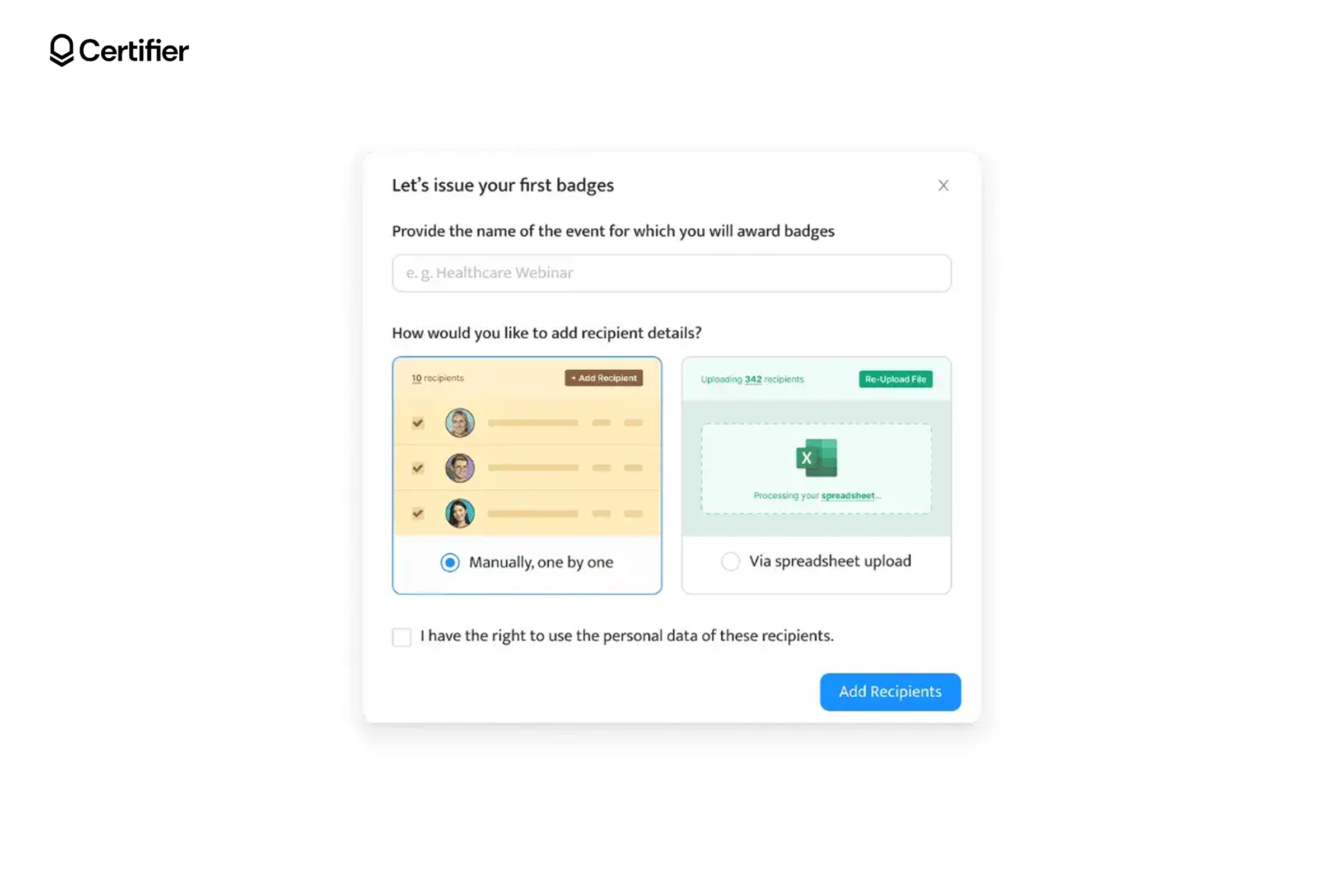 A screenshot of the bulk issuing of digital badges for recognition of skills and achievements with Certifier A screenshot of the bulk issuing of digital badges for recognition of skills and achievements with Certifier