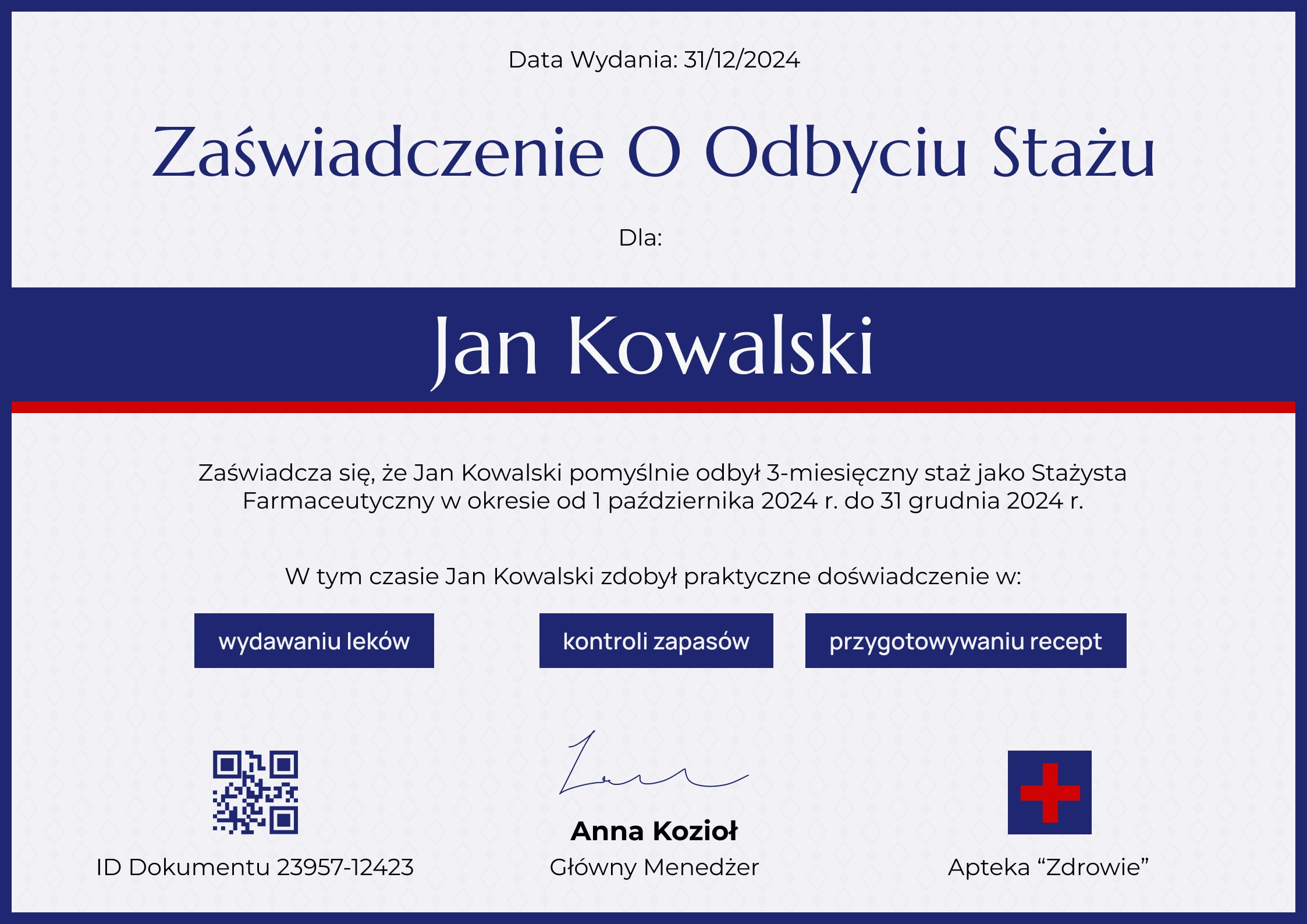 Zorganizowany i profesjonalny wzór zaświadczenie o odbyciu stażu