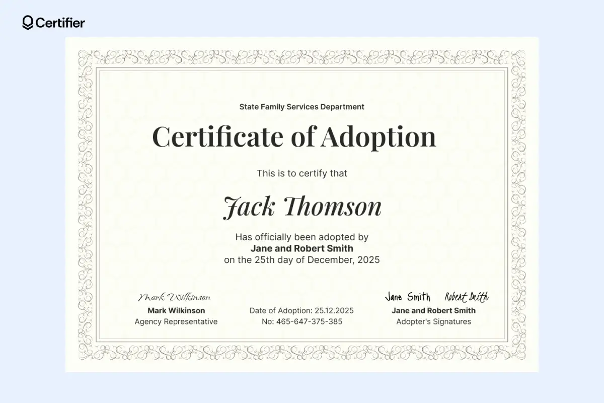 A decorative certificate of adoption template free with an elegant border, featuring a formal layout for child adoption, available as a free adoption certificate template Word for easy customization. A decorative certificate of adoption template free with an elegant border, featuring a formal layout for child adoption, available as a free adoption certificate template Word for easy customization.