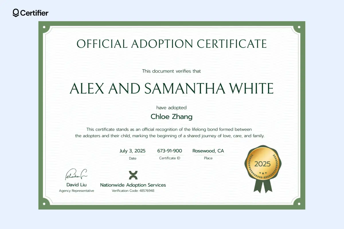 A sleek and modern adoption certificate Word template confirming a child's adoption, including adoptive parents' names and an official seal, ideal as a certificate of adoption template free. A sleek and modern adoption certificate Word template confirming a child's adoption, including adoptive parents' names and an official seal, ideal as a certificate of adoption template free.