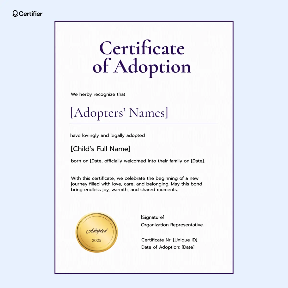 A purple-themed adoption certificate template Word featuring a gold adoption seal, designed as a template adoption certificate template for commemorating official adoptions. A purple-themed adoption certificate template Word featuring a gold adoption seal, designed as a template adoption certificate template for commemorating official adoptions.