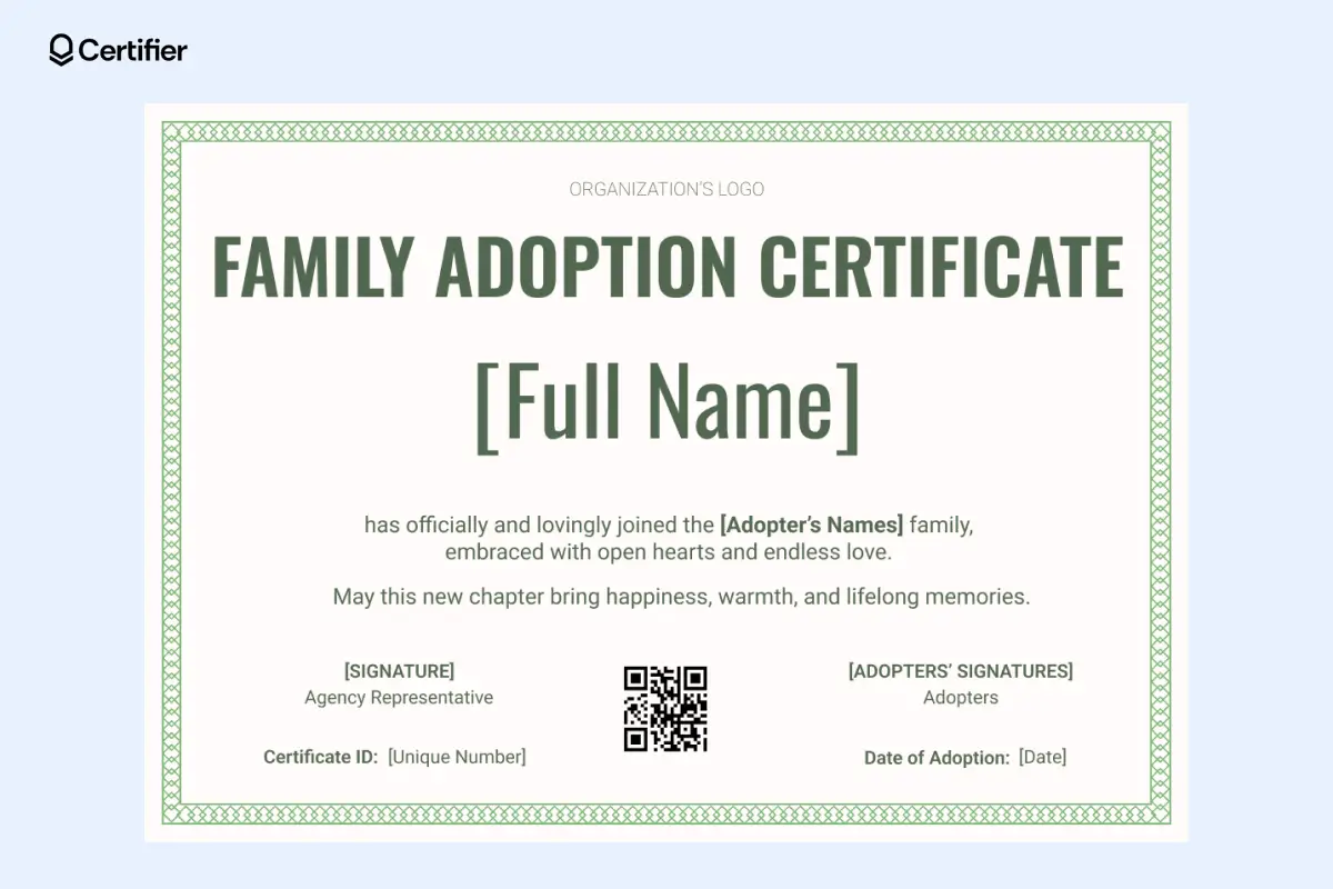 A minimalist template adoption certificate template with green accents, designed to be a customizable free pet adoption certificate template Word, perfect for celebrating a new family member. A minimalist template adoption certificate template with green accents, designed to be a customizable free pet adoption certificate template Word, perfect for celebrating a new family member.